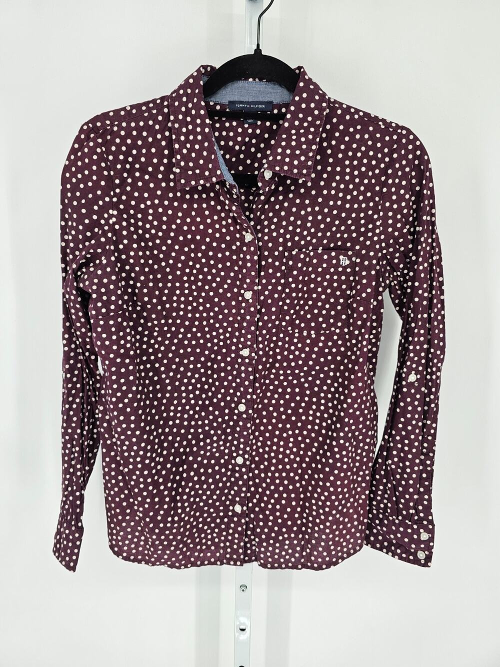 Tommy Hilfiger Womens Sz S Long Sleeve Button Up Dress Shirt Plum Purple Dots